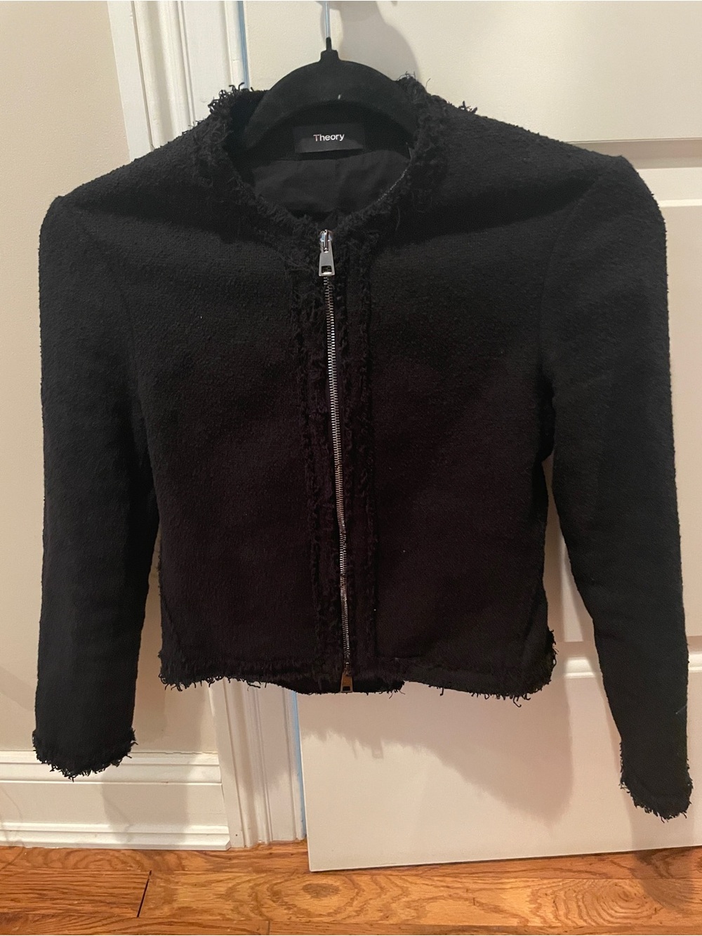 Theory Black Textured Zip-Front Collarless Jacket P
